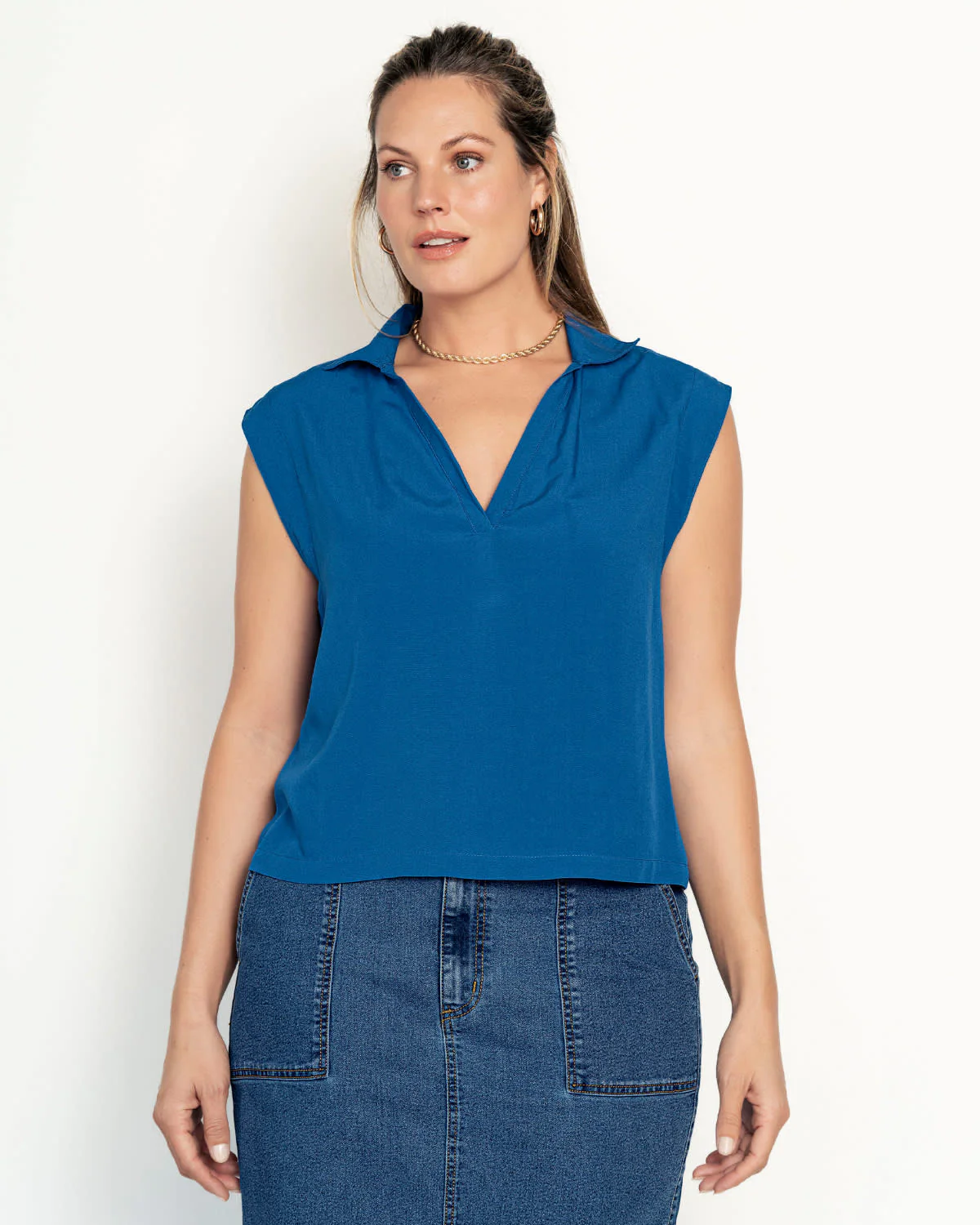 Blusa manga sisa cuello camisero en V - Image 4